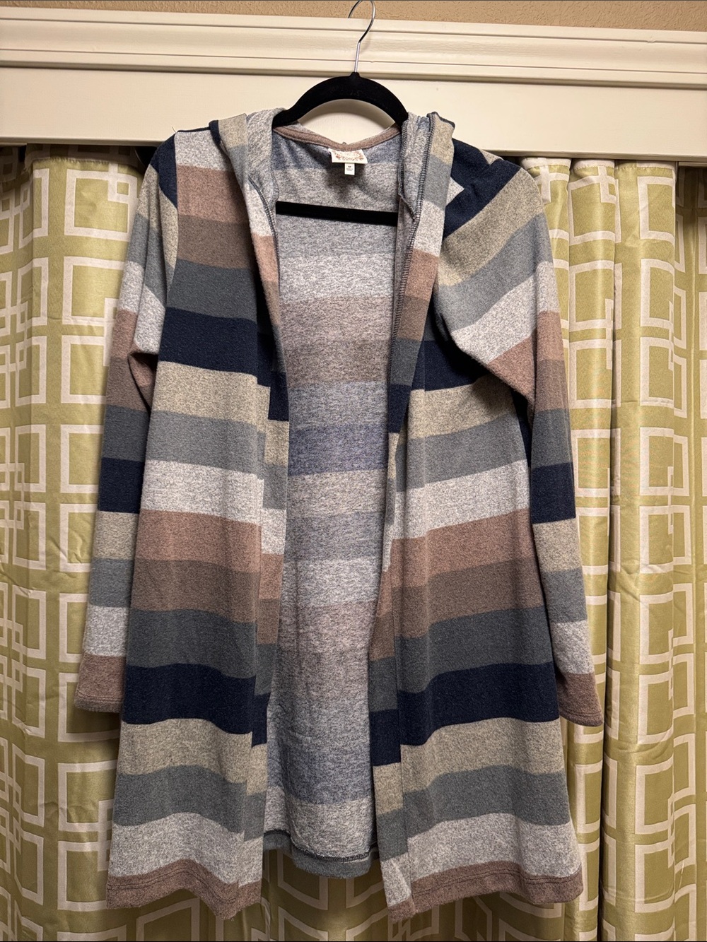 Striped Hooded Open-Front Cardigan - Navy, Gray, Taupe